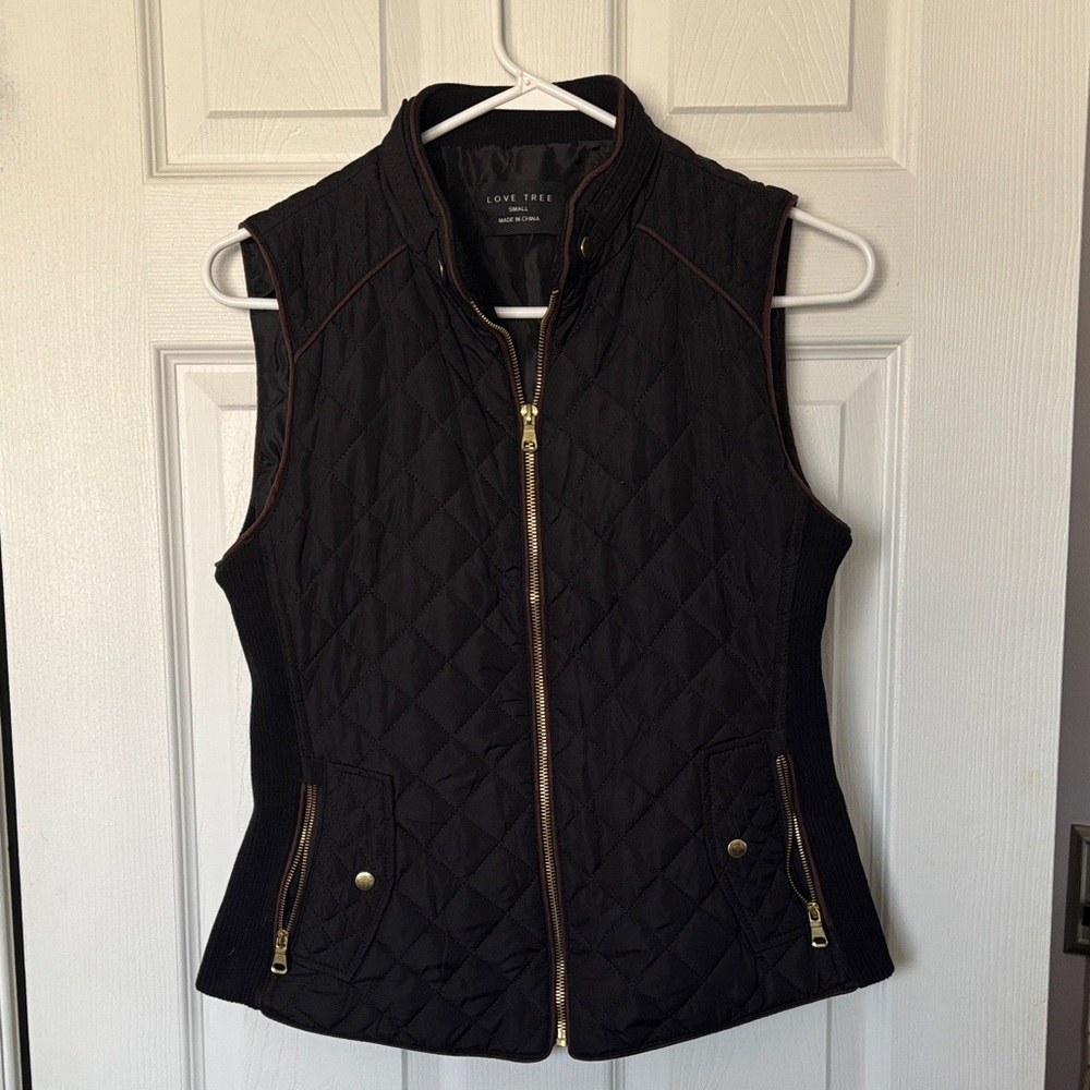 Love Tree Black Quilted Vest with Gold Zipper